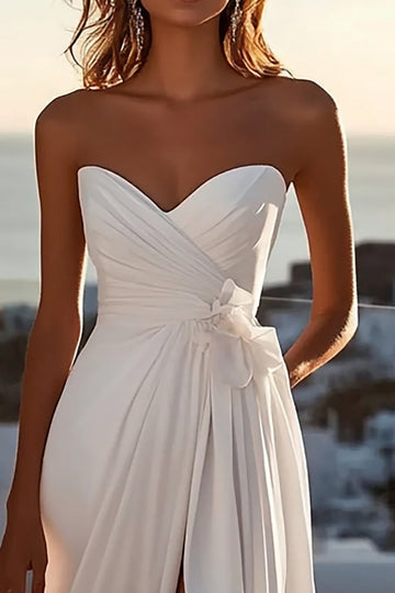 A Line lvory Strapless Pleated Wedding Dress with Slit